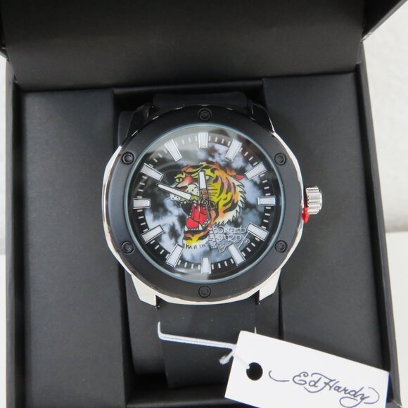 (131) Ed Hardy Men's Matte Black Silicone Strap Watch